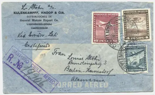 LATI 1941 Chile Reko-Brief Santiago Rio Rom Berlin Hermsdorf OKW Zensur / 1921