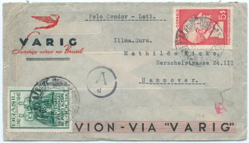 LATI 1941 Brasilien Brief 5400 R Porto Alegre Hannover Zensurstempel Ad / 1925
