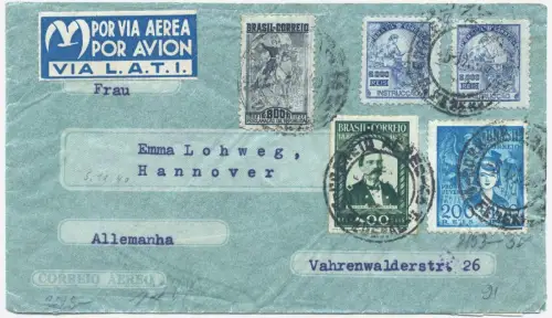 LATI 1940 Brasilien Brief 5400 R Rio de Janeiro Hannover OKW Zensur / 1926