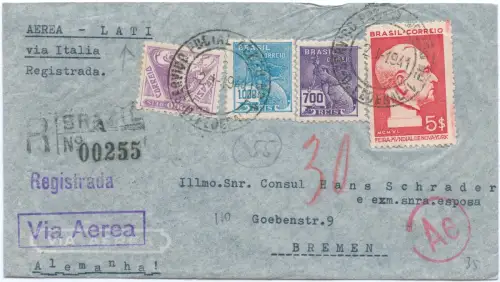LATI 1941 Brasilien Reko-Brief 6900 R Rio de Janeiro Bremen Zensur Ae / 1927