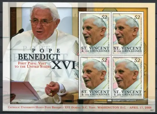 St. Vincent 2008 Papst Benedikt Pope Benedict 6464 Kleinbogen Postfrisch MNH