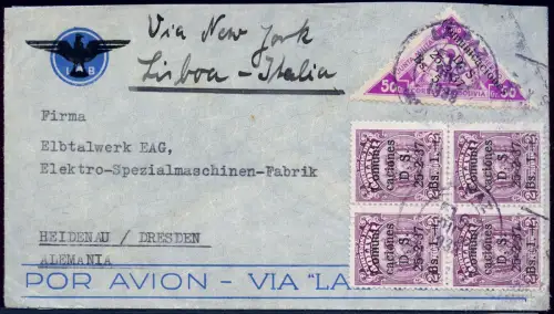 Bolivien 1939 Brief New York US-Clipper Lissabon Rom Heidenau Dresden / 1938