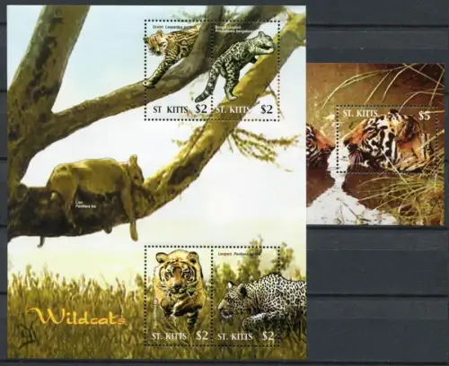 St. Kitts 2005 Raubkatzen Leoparden Ozelot Tiger Wildkatzen 838-841 Block 68 MNH