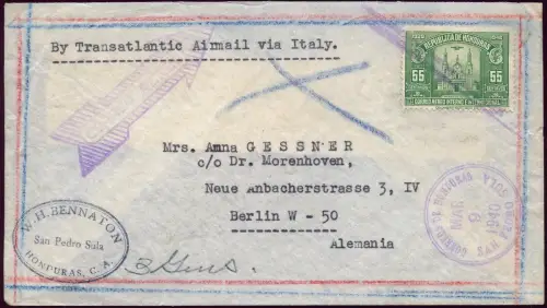 LATI 1940 Honduras Brief San Pedro Sula Rio Rom Berlin OKW Zensur / 1942