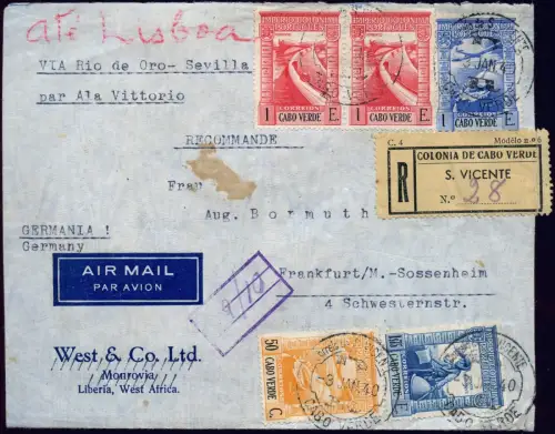 LATI 1940 Kap Verde Reko-Brief Sal Villa Cisneros Sevilla Lissabon FFM / 1943