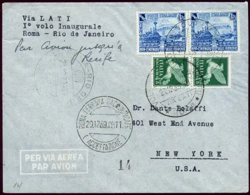 LATI 1939 Italien First Flight Erstflug Brief Rom Brasilien New York USA / 1944