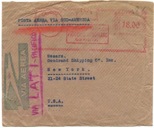 LATI 1941 Italien Brief Genua Freistempel 29.4.41 Brasilien New York USA / 1945