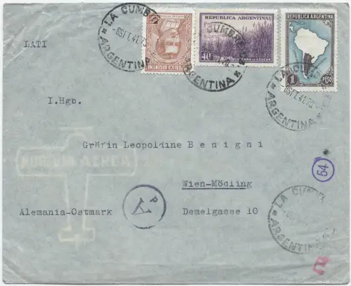 LATI 1941 Argentinien La Cumbre 8.9.41 Wien-Mödling OKW Zensur München / 1950