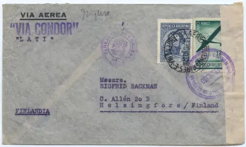 LATI 1940 Argentinien Buenos Aires Brief 13.12.40 Finnland Zensur Italien / 1951