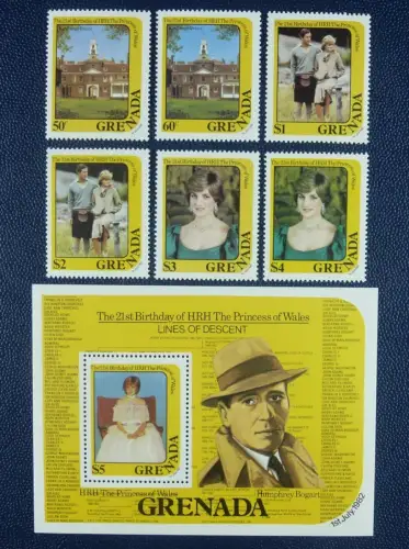 Grenada 1982 Lady Diana 21. Geburtstag Royalty 1160-1165 Block 106 MNH