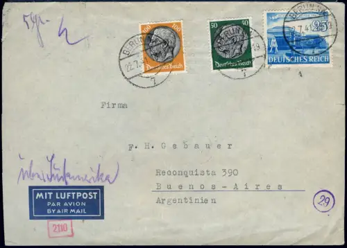 LATI 1941 Dt. Reich Brief 22.7.41 Berlin Rom Argentinien OKW Zensur / 1956