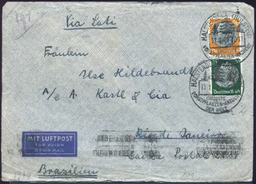 LATI 1941 Dt. Reich Brief 11.1.41 Halstenbek SST Rio OKW Zensur  FFM / 1958
