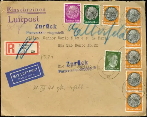 LATI 1941 Dt. Reich Reko-Brief 27.12.41 RM 6,95 Postverkehr eingestellt / 1963