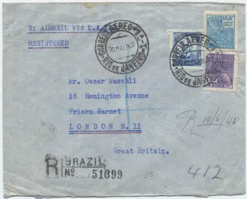 LATI 1940 Brasilien Reko-Brief 6700 R Rio de Janeiro London / 1964