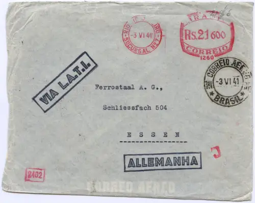LATI 1941 Brasilien Brief 21600 R Freistempel Rio Essen OKW Zensur München/ 1968