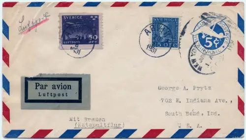 Katapult 1931 Schweden Unterfrankierter Brief Arvika USA nur Seepost / 1974