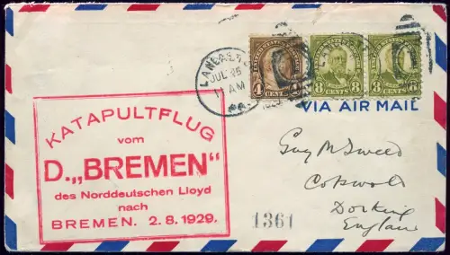 Katapult 1929 USA Brief Lancaster Dampfer Bremen nach England H 2 a / 1976