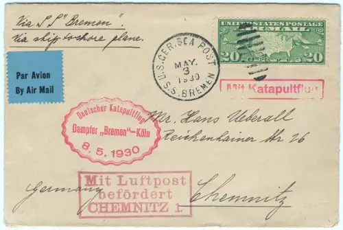 Katapult 1930 USA Brief US-Seepost Köln Chemnitz Flugpost Catapult H 11 b / 1979