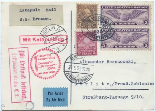 Katapult 1930 USA New York Köln Berlin Flugpost Karte Catapult H 13 a / 1980