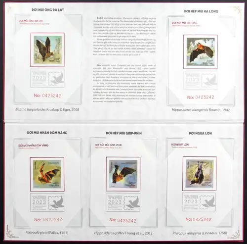 Vietnam 2023 Fledermäuse Bats Deluxe-Blocks 217-221 Auflage 425 im Folder MNH