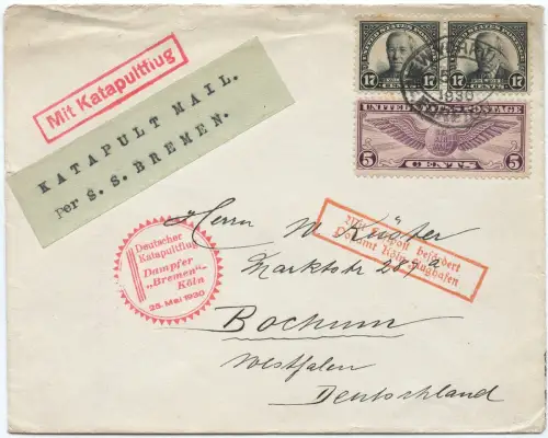 Katapult 1930 USA New York Köln Berlin Flugpost Karte Catapult H 13 a / 1985