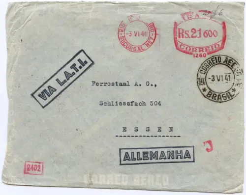 LATI 1941 Brasilien Brief 21600 R Freistempel Rio Essen OKW Zensur München/ 1968