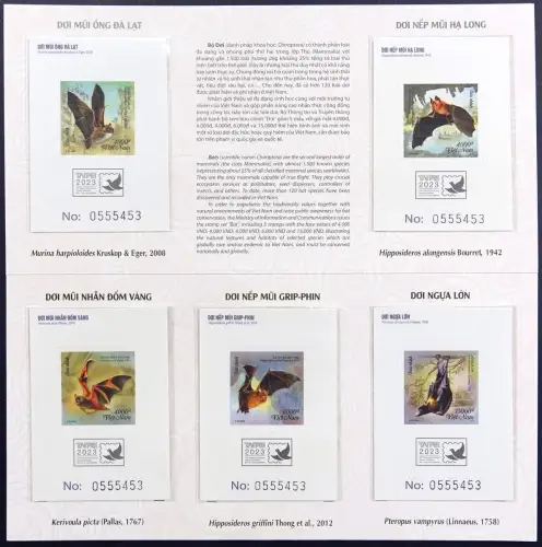 Vietnam 2023 Fledermäuse Bats Deluxe-Blocks 212-216 Auflage 555 im Folder MNH