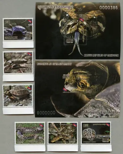 Kambodscha 2020 Reptilien Schildkröten Schlangen 2679-2685 Block 351-352 MNH