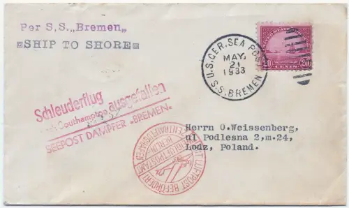 Katapult 1933 USA Brief US Seepost Paris Lodz Polen Catapult H 116 b / 1996