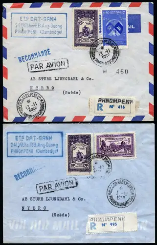 Kambodscha Khmere 1958 Firmen-Reko-Briefe Elefant Angkor Vat nach Schweden / 29