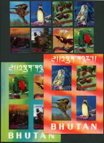 Bhutan 1969 Vögel Pinguin Eule Papagei Fasan Ente 297-304 Block 29-30 MNH / 181