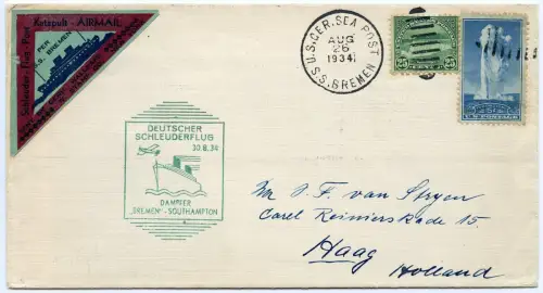 Katapult 1934 USA US-Seepost Brief Den Haag Niederlande Catapult H 175 b / 2003