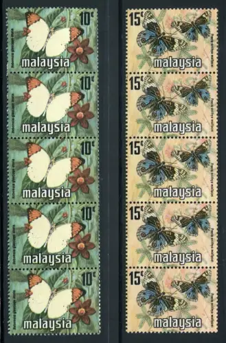 Malaysia 1976 Schmetterlinge Butterflies 5er-Streifen Coil Strips 143-44 MNH