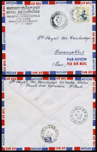 Kambodscha Khmere 1957 Erstflugbrief FFC RAC  Phnom-Penh > Savannakhet Laos / 41