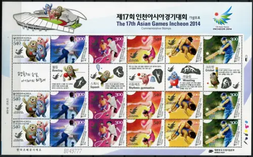 Korea Süd 2014 Asienspiele Sport Sports Squash Ringen Cricket 3004-3009 MNH