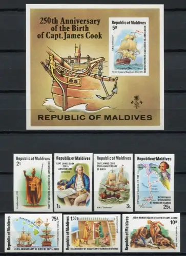 Malediven Maldive 1978 James Cook Schiffe Entdecker 772-778 Block 51 B Imperf