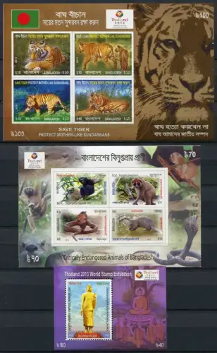 Bangladesch 2013 Tiger Tiere Tierschutz Affen Buddha Thailand Blocks (3) MNH