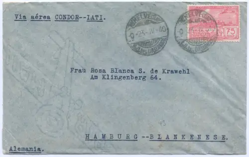 LATI 1940 Uruguay Brief mit EF 23.4.40 Montevideo Hamburg OKW Zensur / 2016
