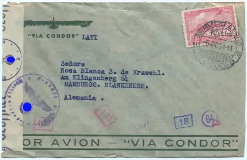 LATI 1941 Uruguay Brief mit EF 6.12.41 Vorletzter Flug Hamburg Zensur / 2026