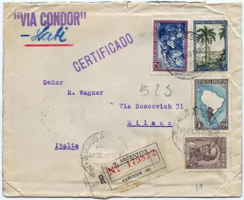 LATI 1940 Argentinien Buenos Aires 10.7.40 Reko-Brief Mailand Italien / 2029
