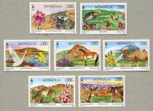 Mongolei 2019 Landschaften Tiere Vögel Fische Kamel Pferd Blumen Blüten Bär  MNH