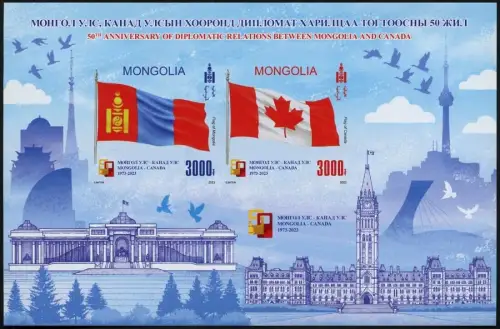 Mongolei 2023 Kanada Diplomatische Beziehungen Flaggen Bird Ungezähnt Imperf MNH
