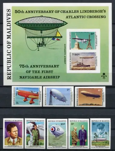 Malediven 1977 Lindbergh Flugzeuge Zeppelin Luftfahrt 721-728 B Block 47 B MNH