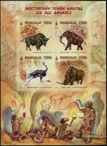 Mongolei 2023 Eiszeit Tiere Vogel Höhlenmenschen Block Ungezähnt Imperf MNH