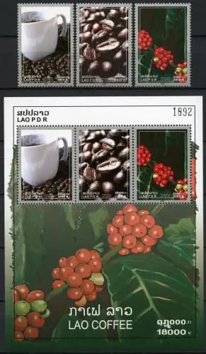 Laos Lao 2008 Kaffee Coffee Kaffeebohnen Kaffeekirschen 2056-2058 Block 205 MNH