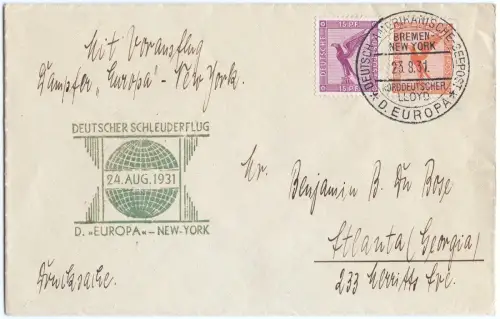 Katapult 1931 Dt. Reich Brief Seepostaufgabe Atlanta USA Catapult H 65 b / 1158