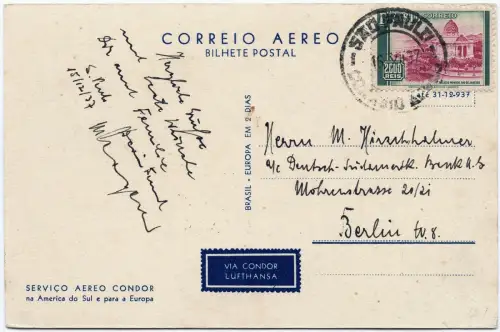 Katapult 1937 Brasilien Weihnachtskarte Sao Paulo Berlin H 602 Catapult / 2037