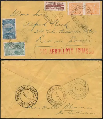 Brasilien 1933 Aerolloyd Iguassu Brief Curitiba Rio de Janeiro Flugpost / 947