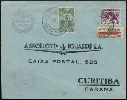 Brasilien 1934 Aerolloyd Iguassu Vordruckbrief Erstflug Joinville Curitiba/ 1259