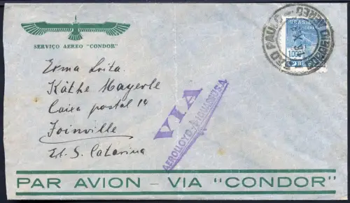 Brasilien 1934 Aerolloyd Iguassu Brief Sao Paulo Joinville Flugpost / 945